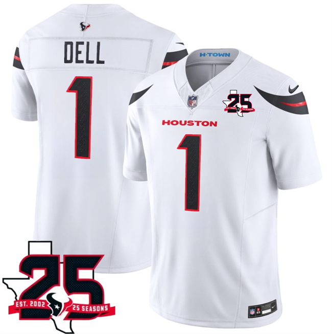 Men's White Houston Texans #1 Tank Dell 2026 25th Anniversary Patch F.U.S.E. Vapor Limited Stitched Football Jersey